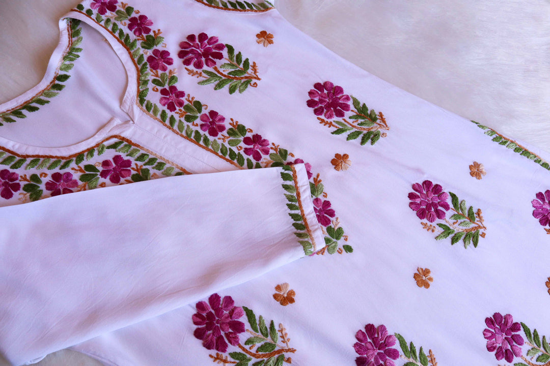 Gul-e-Jahaan White & Plum Rayon Kurta - Noor Chikankari