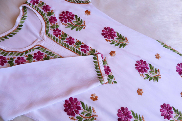 Gul-e-Jahaan White & Plum Rayon Kurta - Noor Chikankari