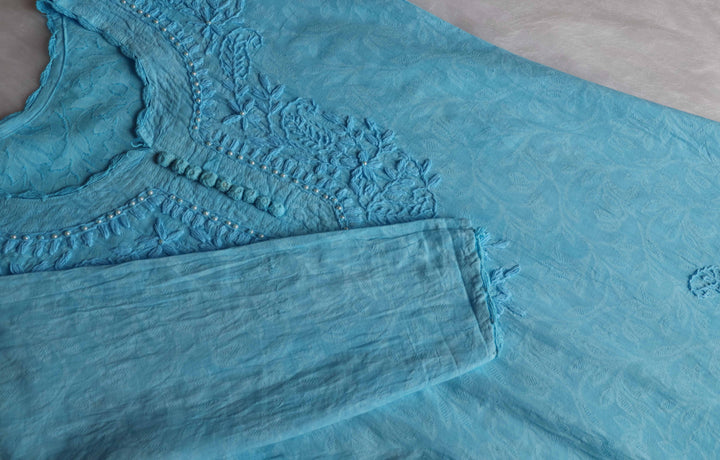 Sky Blue Long Jacquard Pearl Cotton Kurta