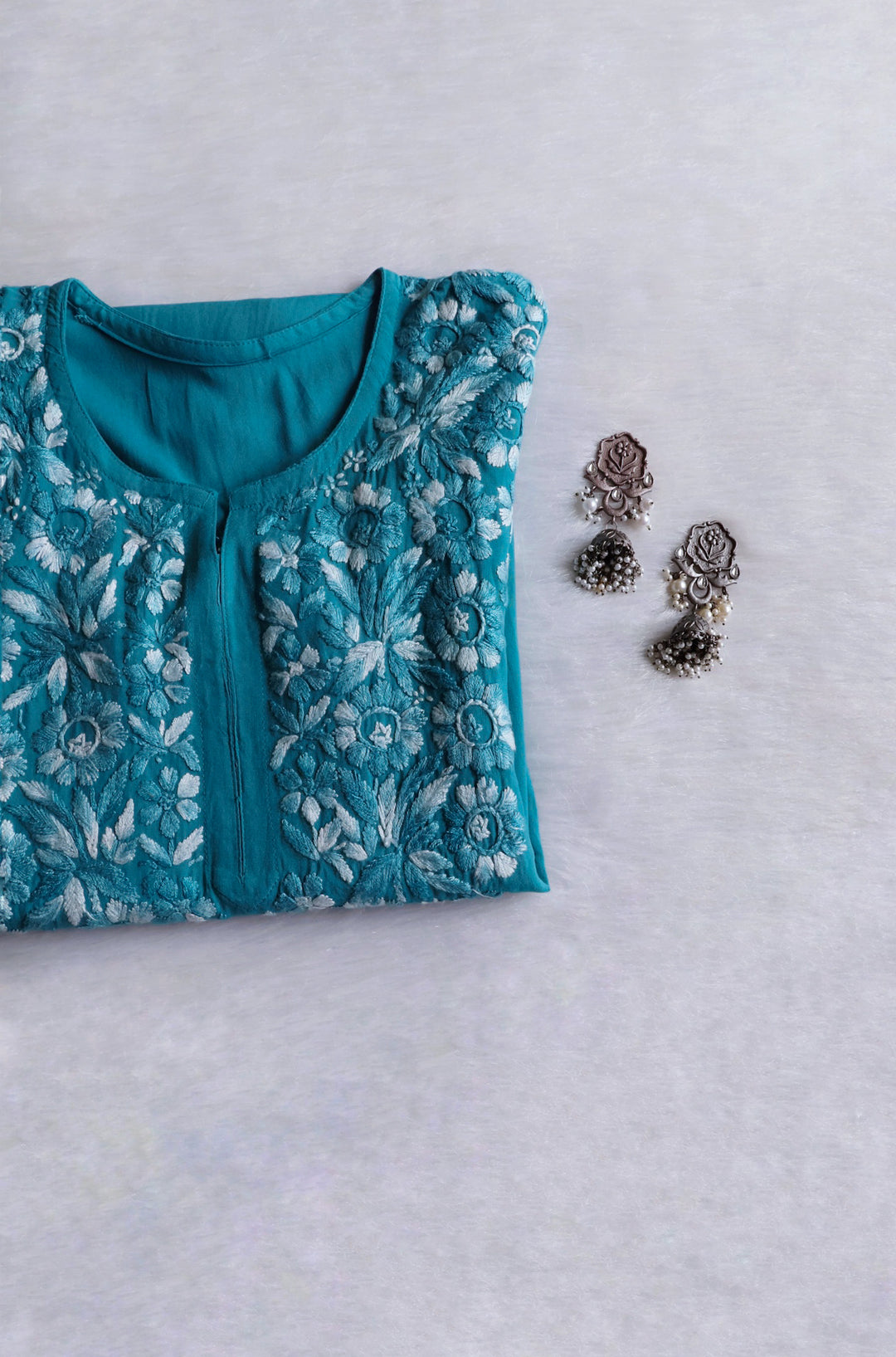 Nuresa Sea Blue Ombre Thread Long Rayon Kurta