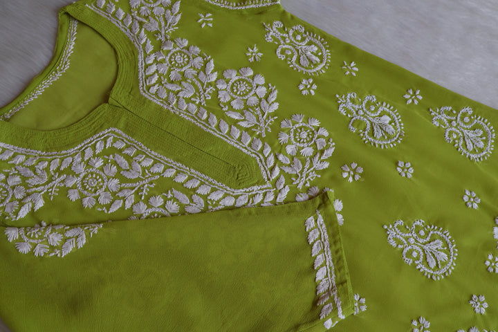 Zaira Olive Green & White Short Georgette Kurta - Noor Chikankari