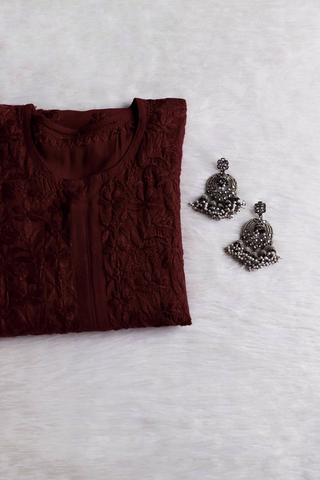 Gul Chocolate Brown Scalloped Long Rayon Kurta