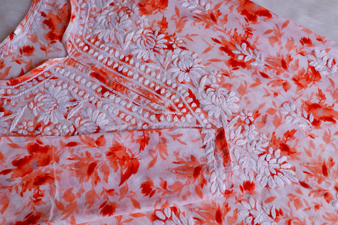Abhira Peach Pure Mulmul set - Noor Chikankari
