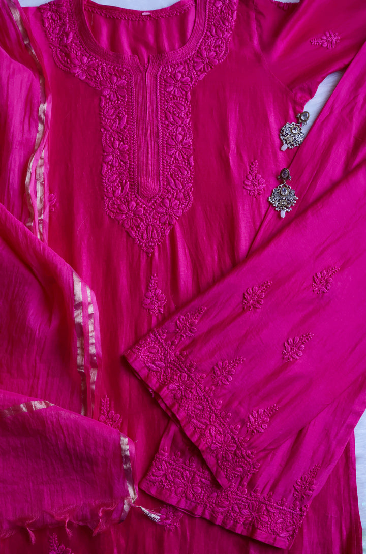 Zimra Luxe Deep Pink 3 Piece Pure Chanderi set