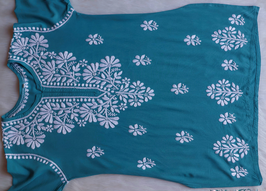 Aayat Sea Blue Short Rayon Kurta - Noor Chikankari