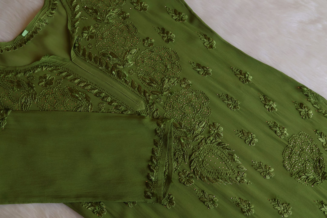 Hanaa Olive Green Viscose Georgette Kurta - Noor Chikankari