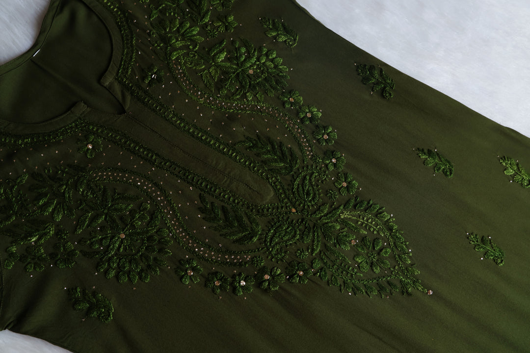 Naida Olive Green Rayon mukaish Long Kurta