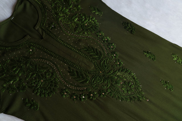 Naida Olive Green Rayon mukaish Long Kurta