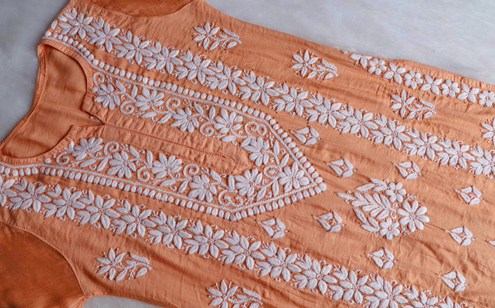 Alizah Peach Linen Chanderi Mukaish Kurta
