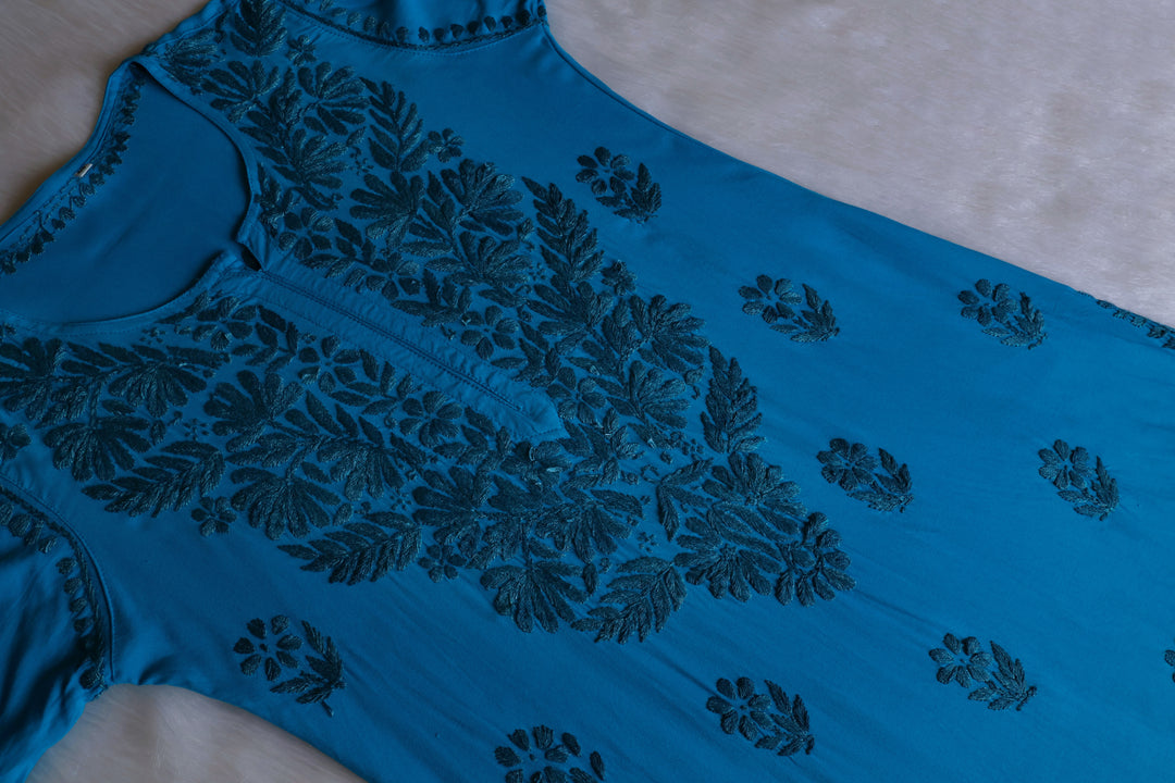Ayra Peacock Blue Long Rayon kurta - Noor Chikankari