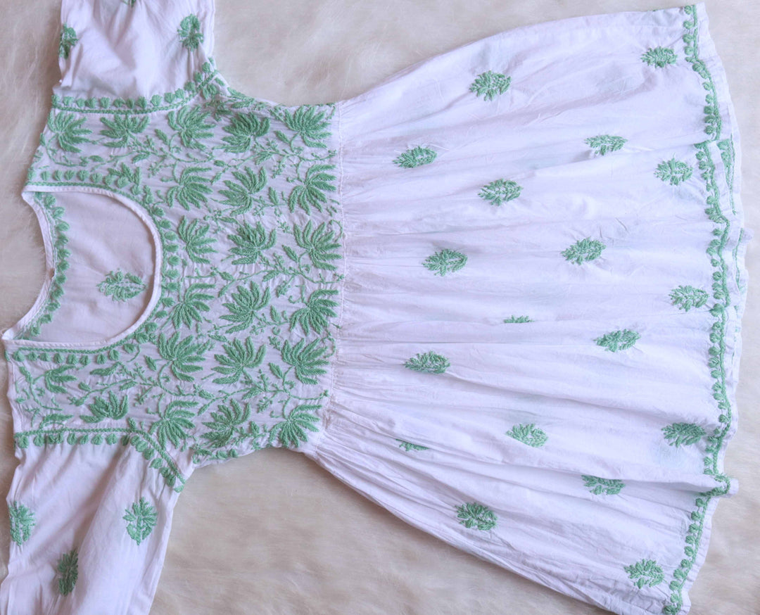 Nazakat White & Green short Frock