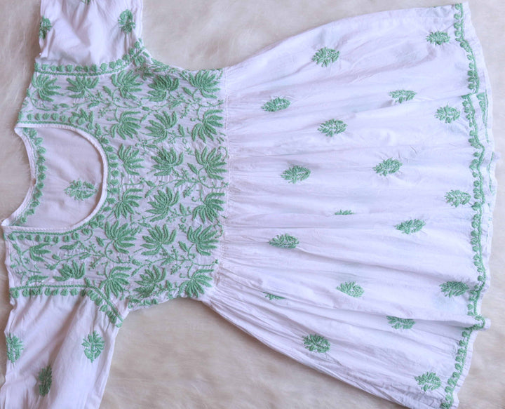 Nazakat White & Green short Frock