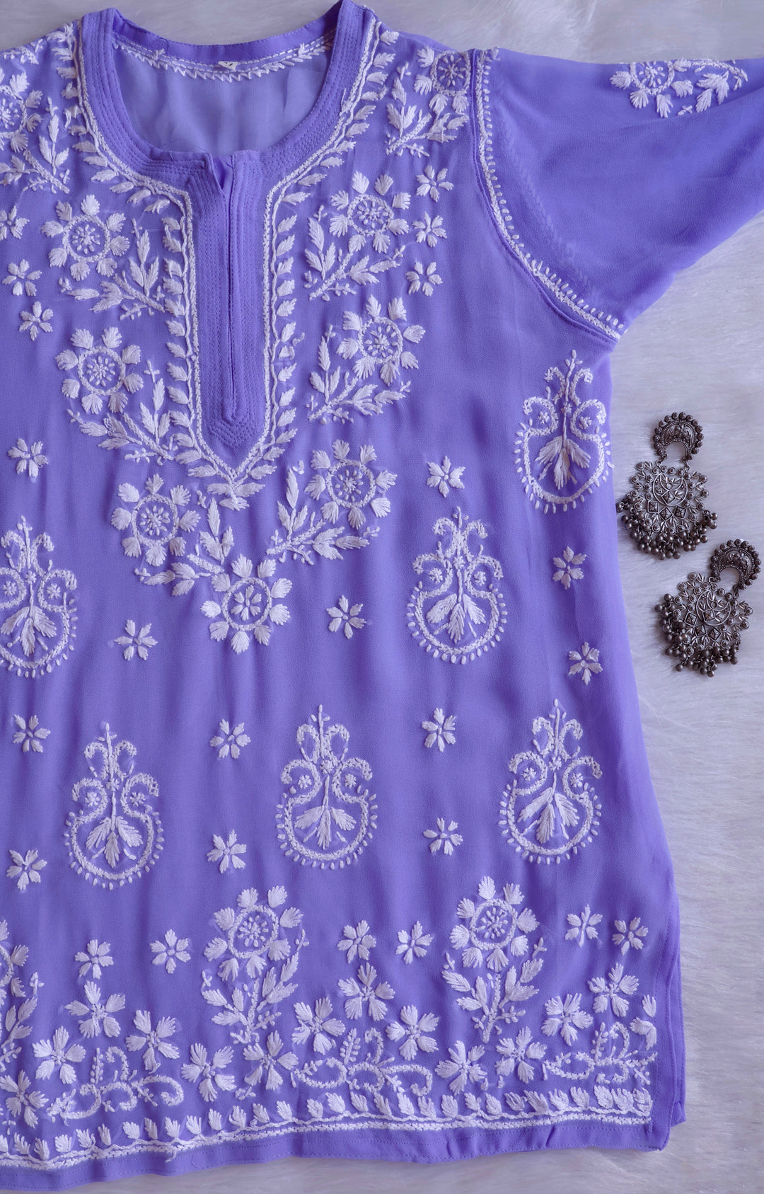 Zaira Lavender & White Short Georgette Kurta - Noor Chikankari