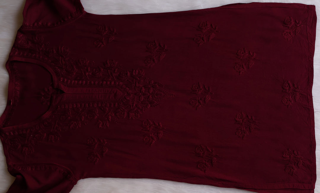 Gul Maroon Short Rayon Kurta - Noor Chikankari