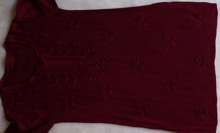 Gul Maroon Short Rayon Kurta - Noor Chikankari