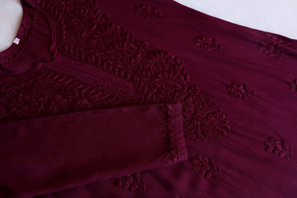 Amirah Deep Plum Long Rayon kurta - Noor Chikankari