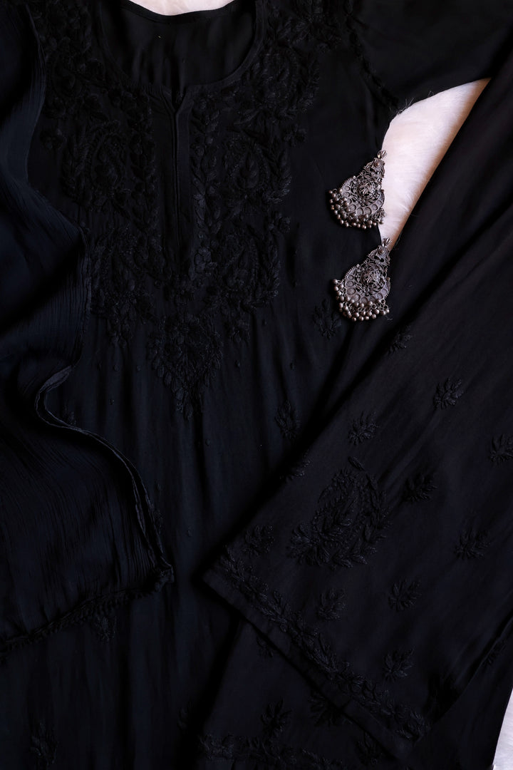 Laila Black Rayon 3 Piece Set - Noor Chikankari