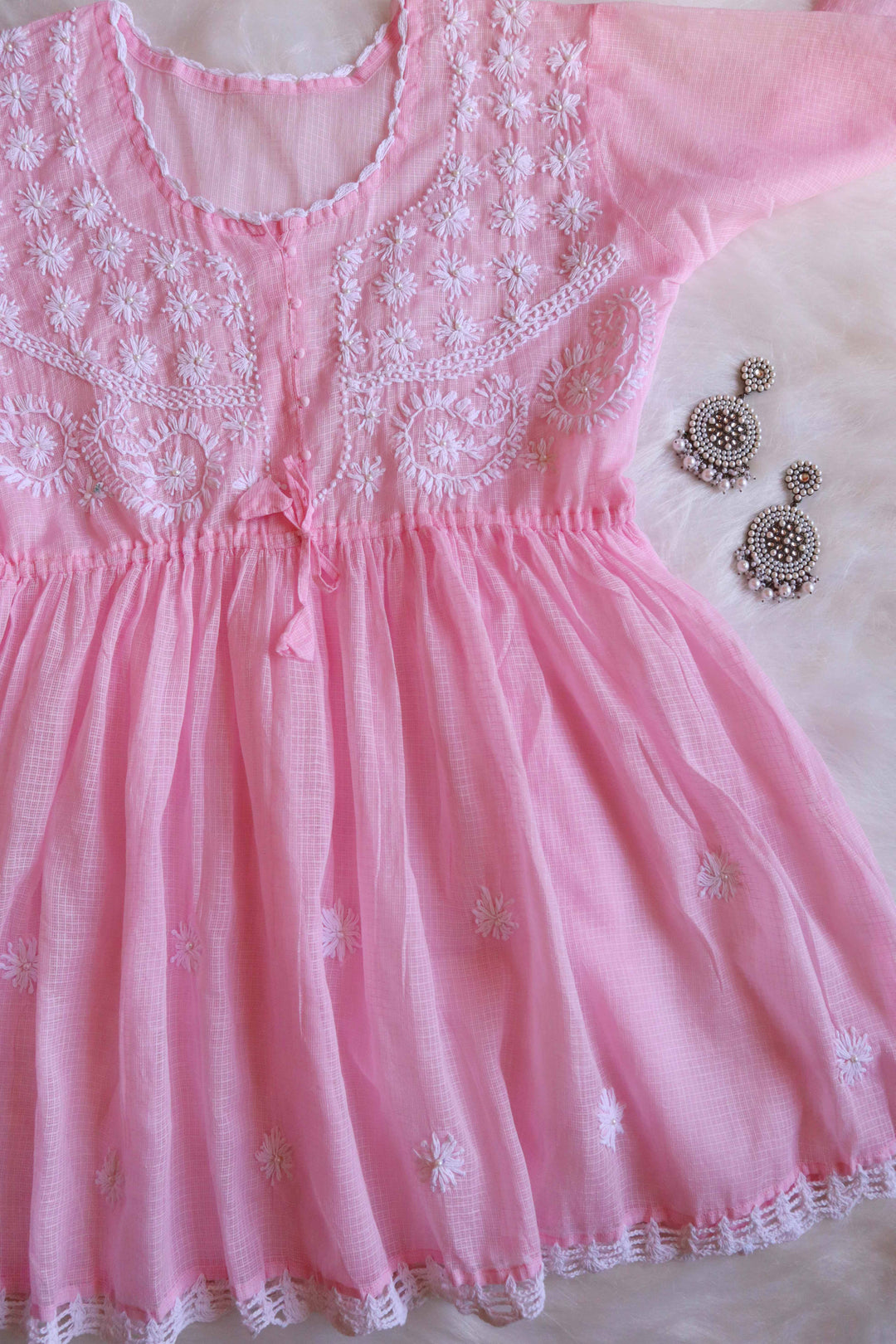 Daania Baby Pink & White Kota Pearl short Frock