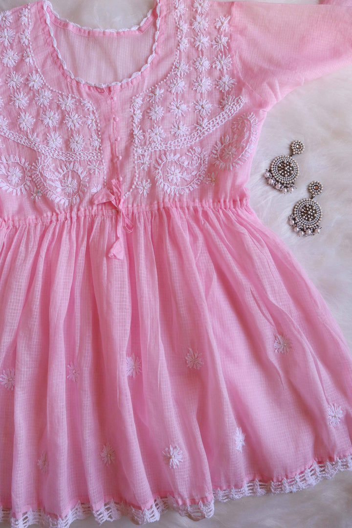 Daania Baby Pink & White Kota Pearl short Frock