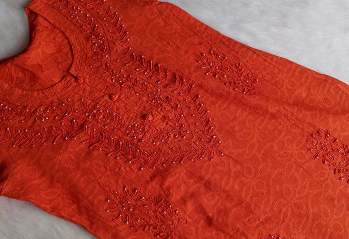 Rust Long Jacquard Pearl Cotton kurta