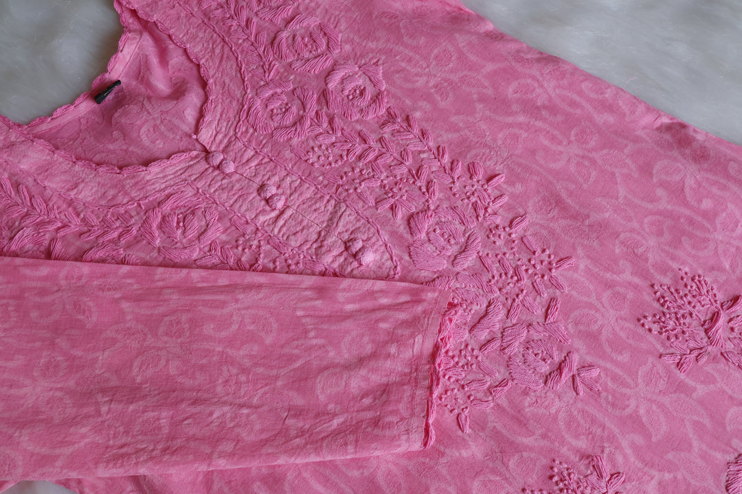 Baby Pink Long Cotton Jacquard Lace kurta - Noor Chikankari