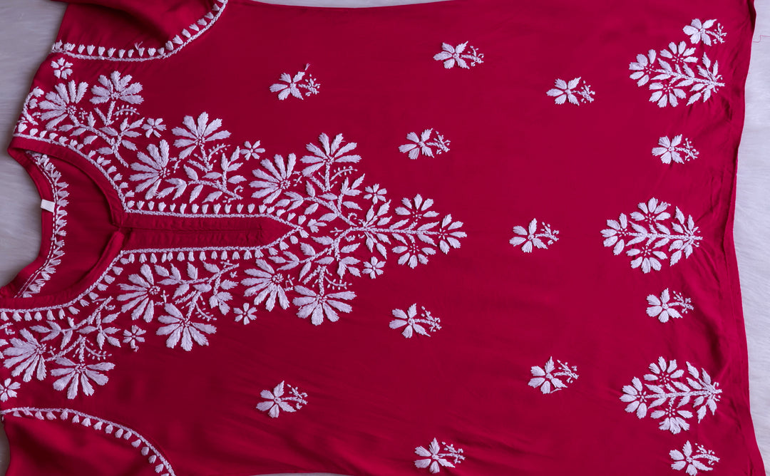 Aayat Deep Pink Short Rayon Kurta - Noor Chikankari