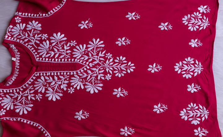 Aayat Deep Pink Short Rayon Kurta - Noor Chikankari