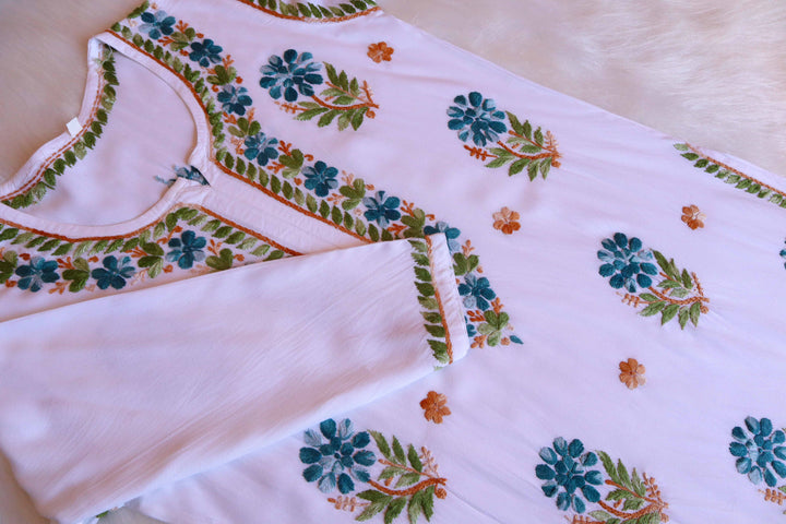 Gul-e-Jahaan White & Peacock Blue Rayon Kurta