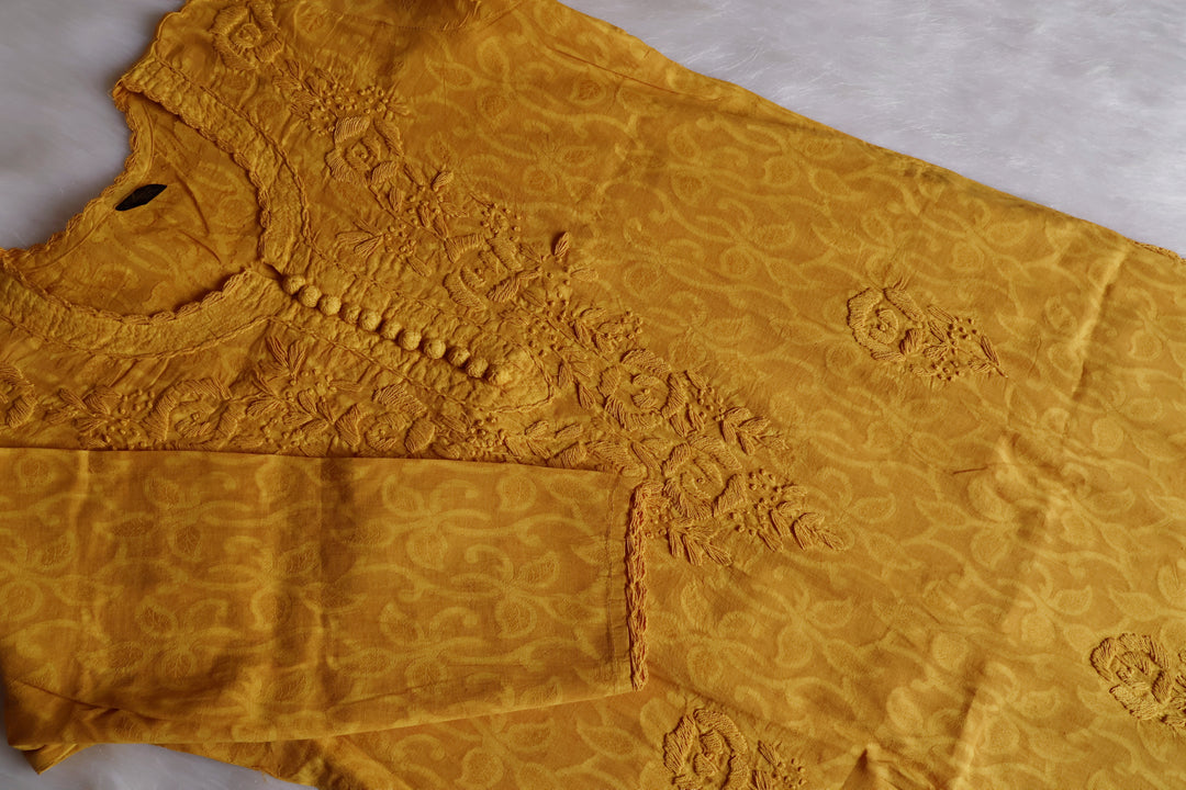 Mustard Yellow Long Jacquard Cotton kurta