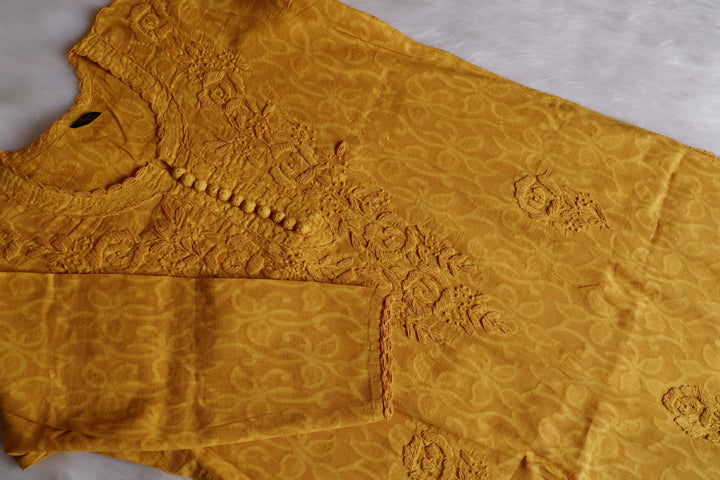 Mustard Yellow Long Jacquard Cotton kurta