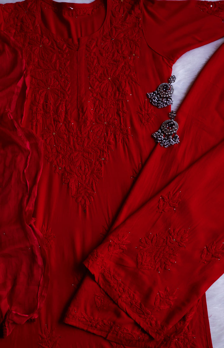Naira Red Rayon Mukaish 3 Piece Set