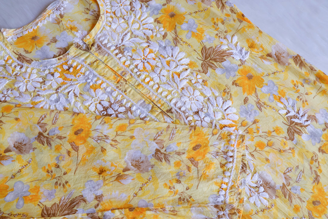 Hedaya Yellow Floral Long MulMul kurta