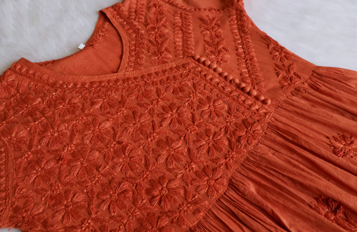 Nazakat Rust Pure Cotton Angarakha Dress