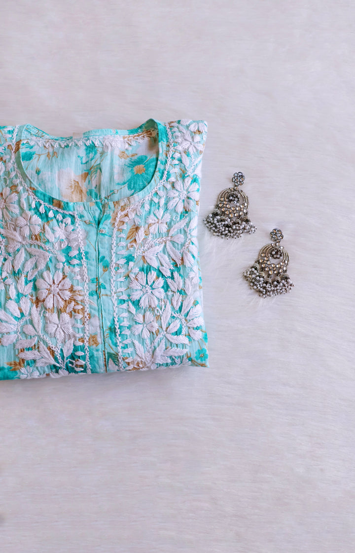 Hedaya Mint Blue Floral Long MulMul kurta