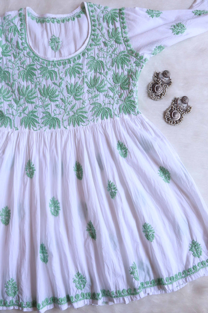 Nazakat White & Green short Frock