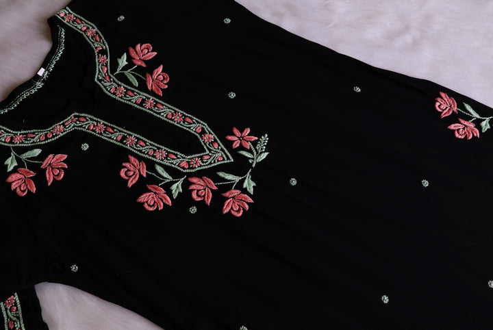 Gul Kashmiri Black & Rose Pink Modal Kurta Set
