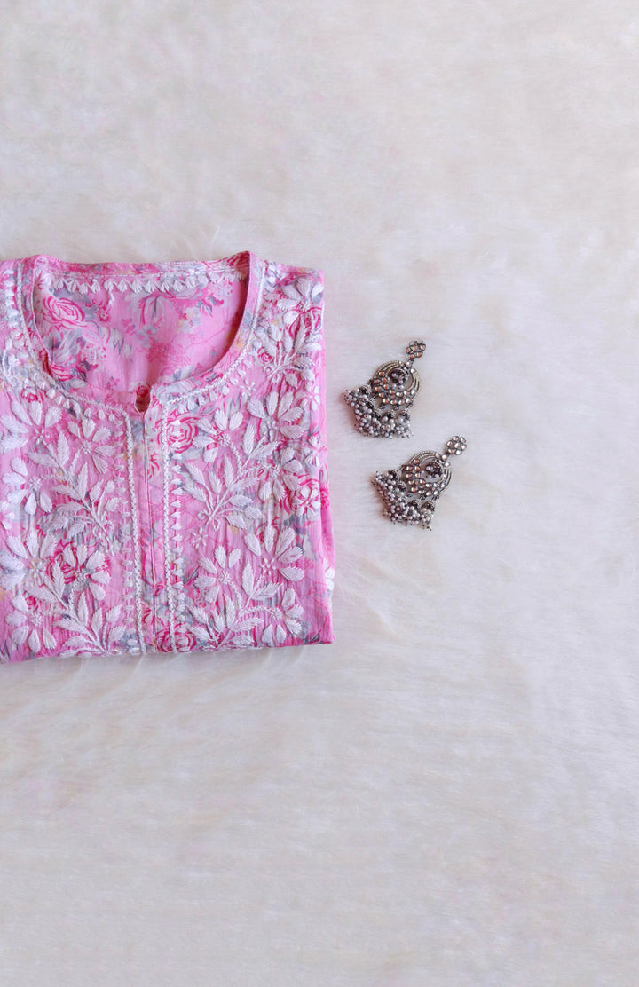 Zahra Baby Pink Floral Long MulMul kurta