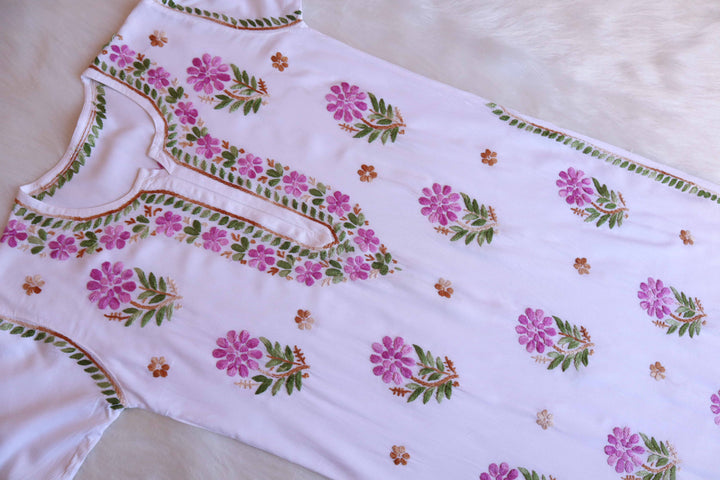 Gul-e-Jahaan White & Lavender Rayon Kurta - Noor Chikankari