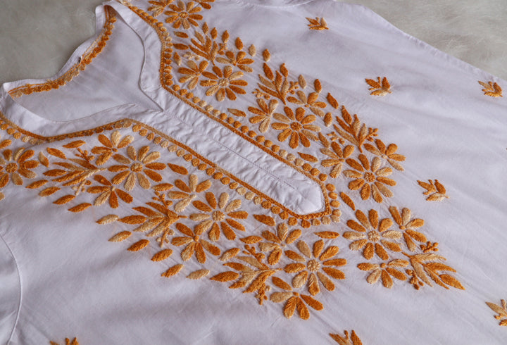 Gul Kashmiri White & Yellow Pure Cotton Kurta
