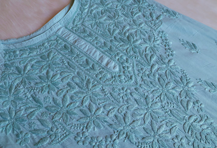 Noor Mint Blue Sleeveless Pure Cotton Long Kurta