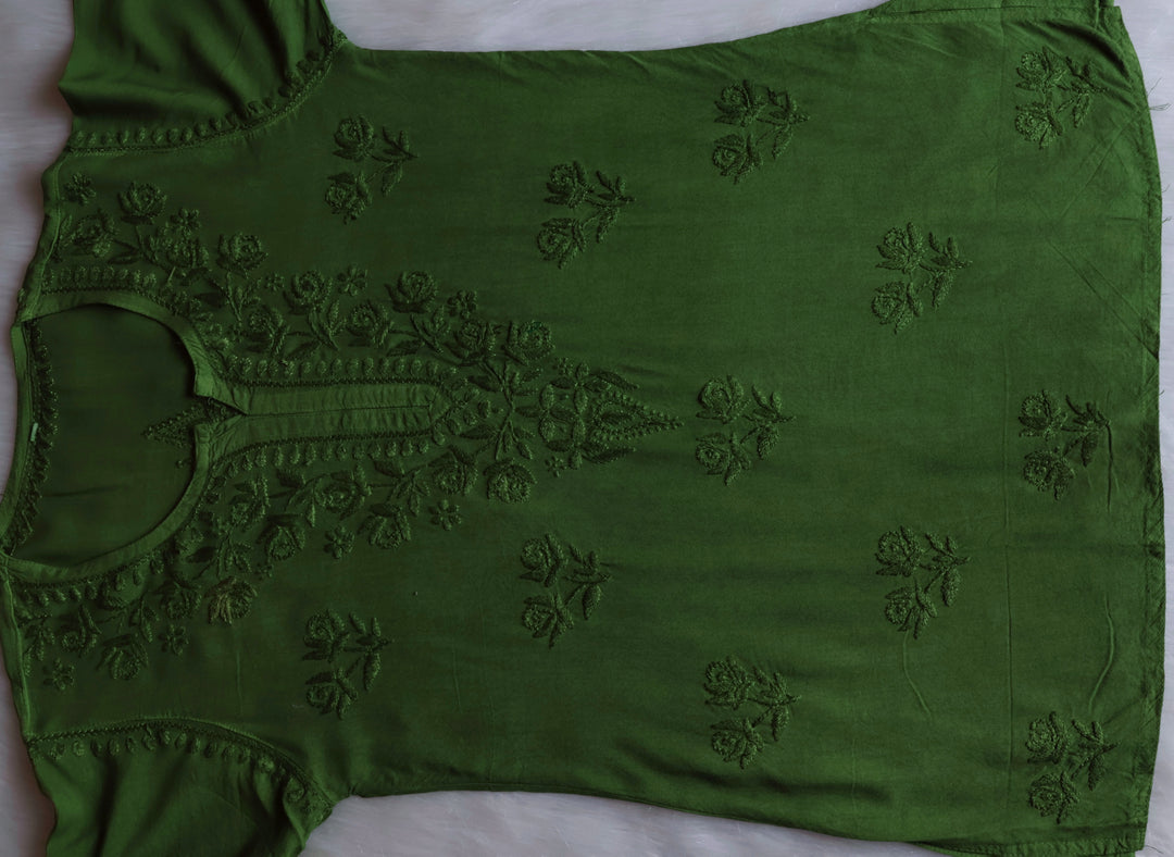 Gul Olive Green Short Rayon Kurta - Noor Chikankari