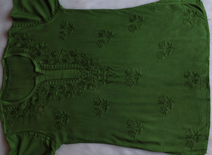 Gul Olive Green Short Rayon Kurta - Noor Chikankari