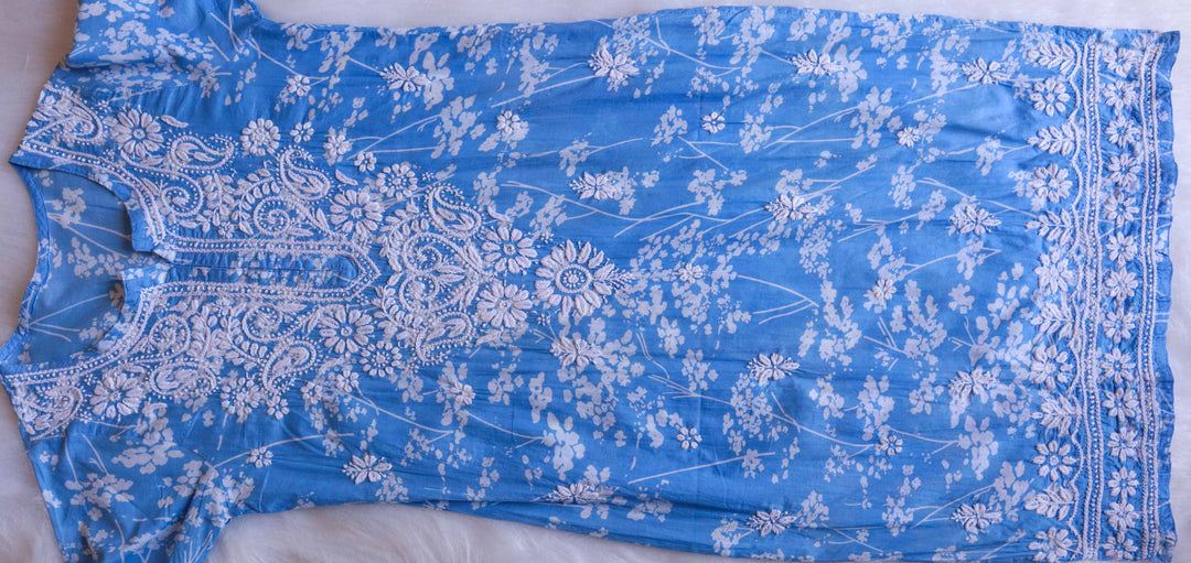 Farhaa Ice Blue Floral Long MulMul kurta