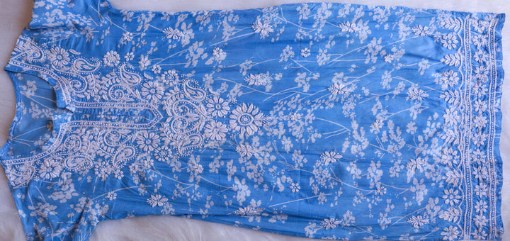 Farhaa Ice Blue Floral Long MulMul kurta