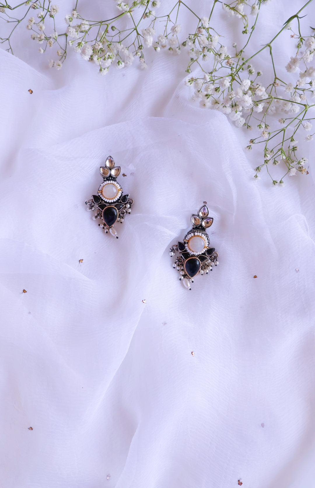 Silver, White & Black Stone Jhumkas