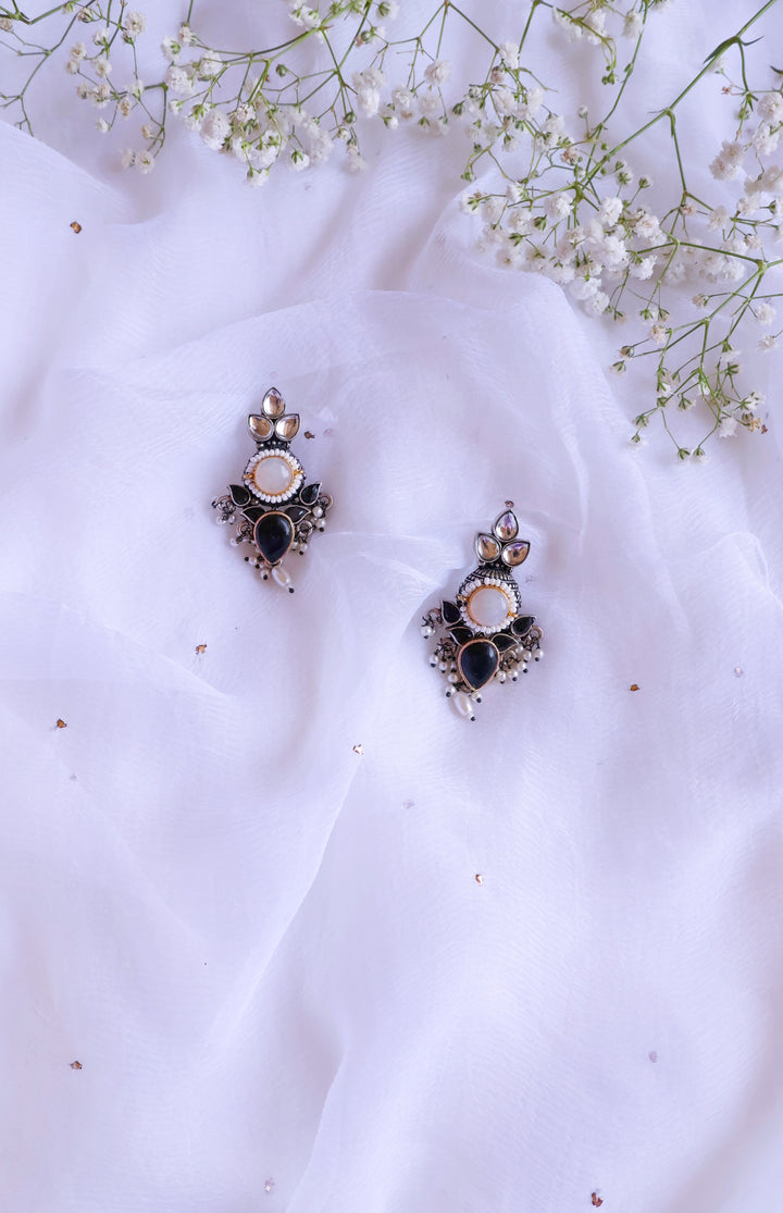 Silver, White & Black Stone Jhumkas
