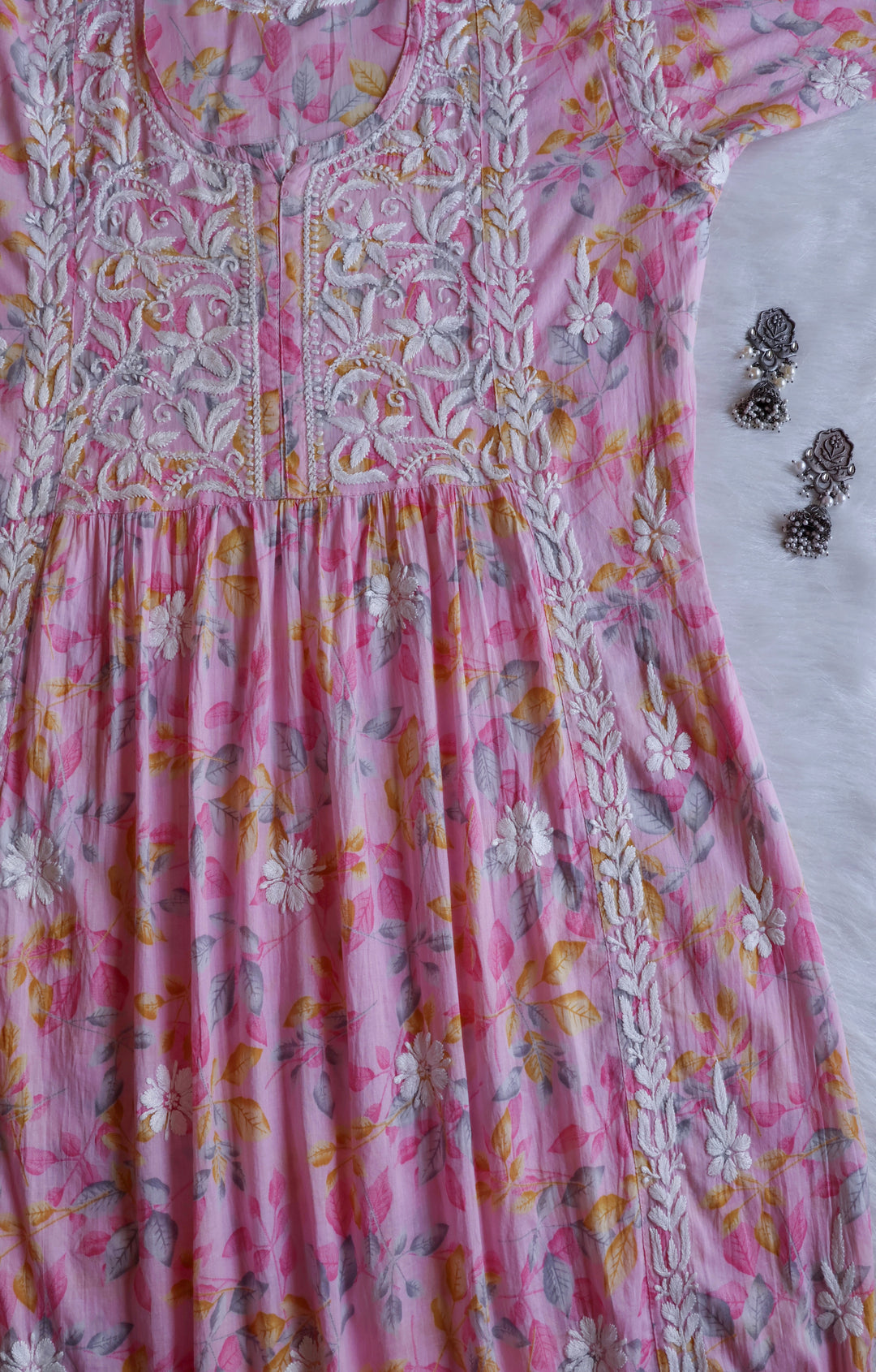 Ayra Baby Pink Floral Mulmul Nyra Cut Dress - Noor Chikankari