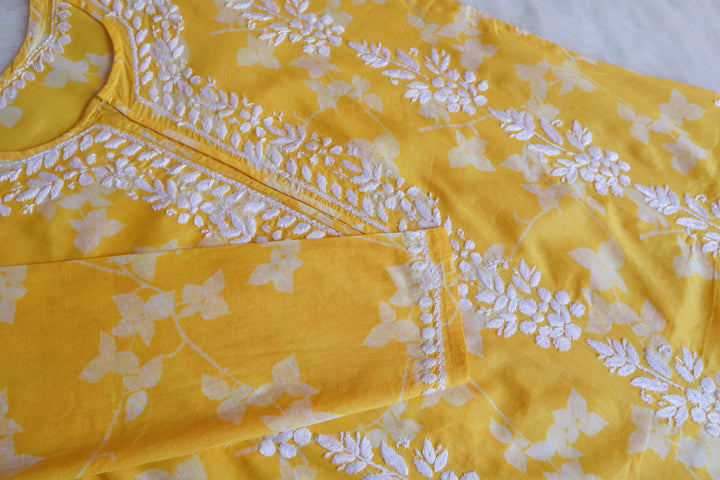 Farhaa Premium Yellow Floral Long MulMul kurta