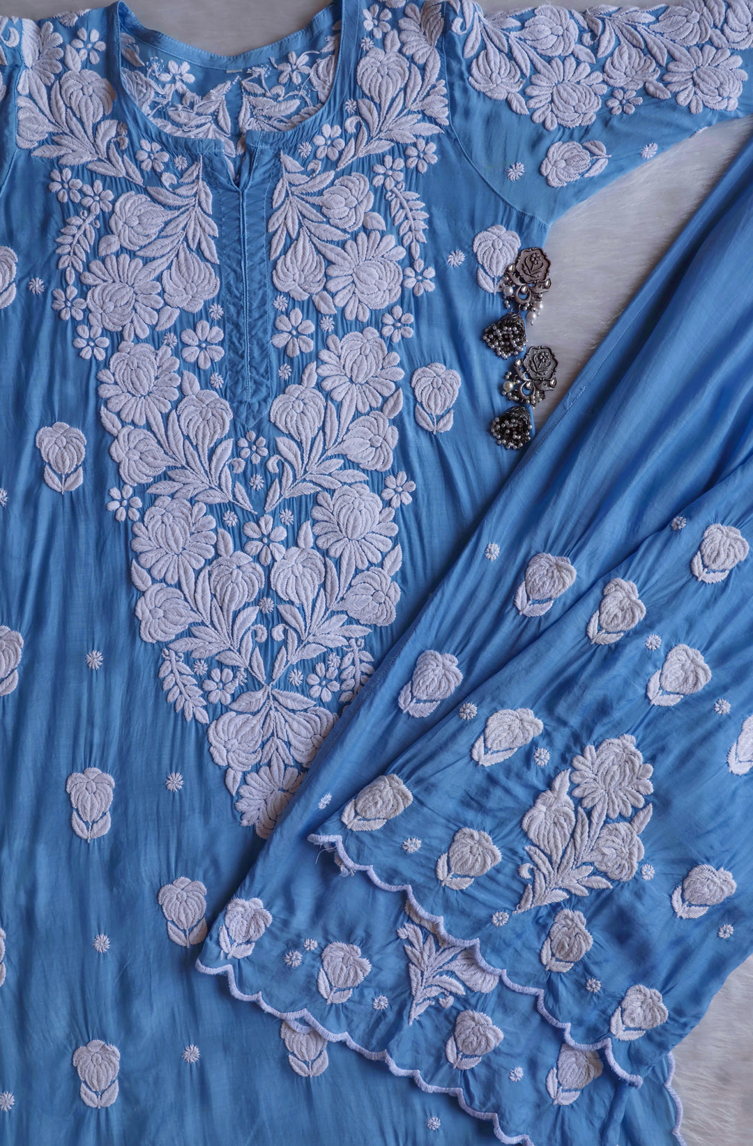 Noor Ice Blue 10D Pure Muslin Scalloped Kurta Set