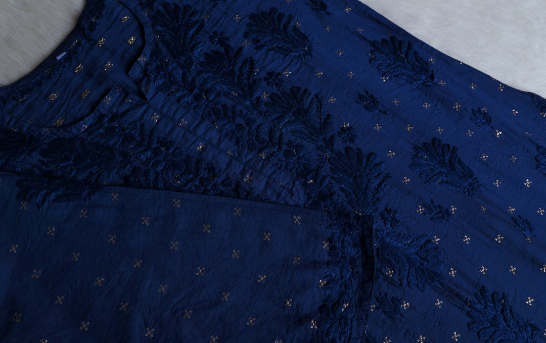 Nazakat Royal Blue Premium Long Chanderi Kurta